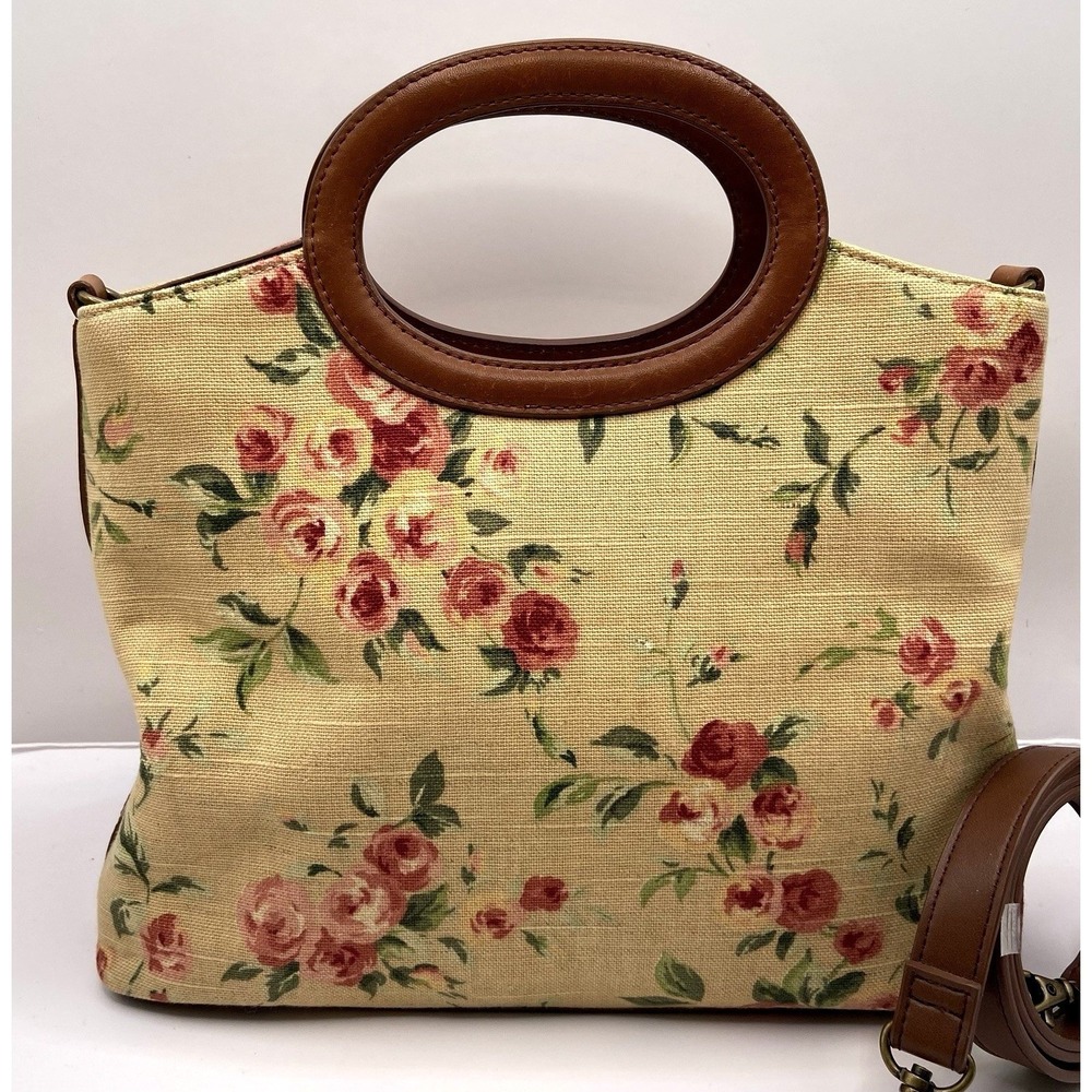 Fossil Floral Canvas Top Handle Satchel Bag w/ Leather Trim & Strap
